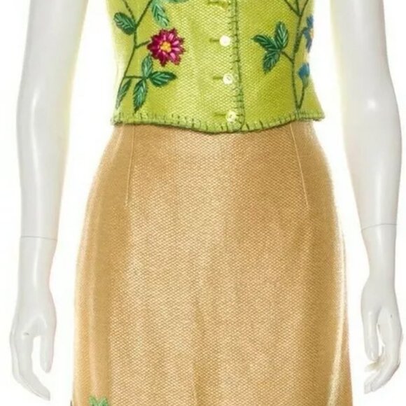 Moschino Couture Italian Gold Linen Lined 3 Piece Skirt Suit Top Jacket USA 10 - Picture 2 of 13